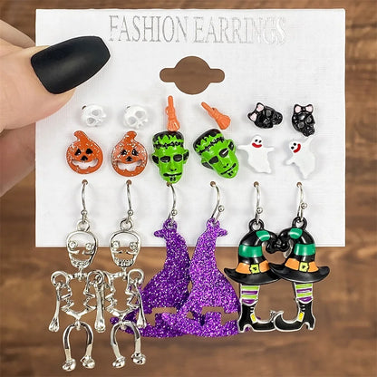 FNIO Christmas Halloween Earring Set Women Bat Pumpkin Lamp Spider Web Skeleton Ghost Cross Pendant Ear Studs Jewelry