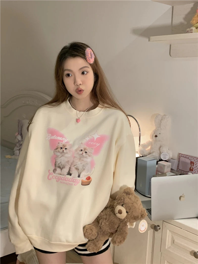 Chic Sweet O-neck Printed Hoodie Women Aesthetic Cartoon Kawaii Clothes Loose Casual Long Sleeve Y2K Top Harajuku Sweatshirts