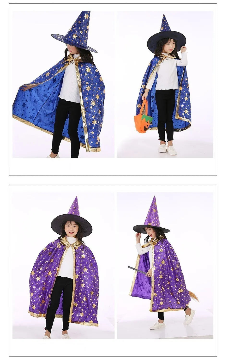 Kids Costume Teens Sparkly Halloween Cloak with Witch Hat Children Outfit Boy Girl Birthday Dress Up Long Party Photography Prop