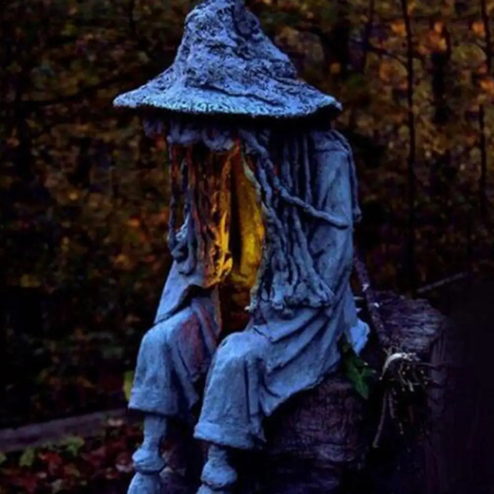 Outdoor Witch Statue Spooky Ghost Sitting Sculpture Solar Energy Lamp Holloween Supplies for Gardens Courtyards Party Decoration