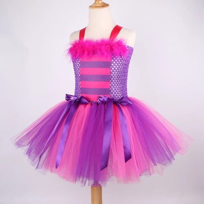 Cheshire Cat Tutu Dress Girls Halloween Carnival Party Clothes Wonderland Alice Cat Costume Kids Fancy Fairy Tale Princess Dress