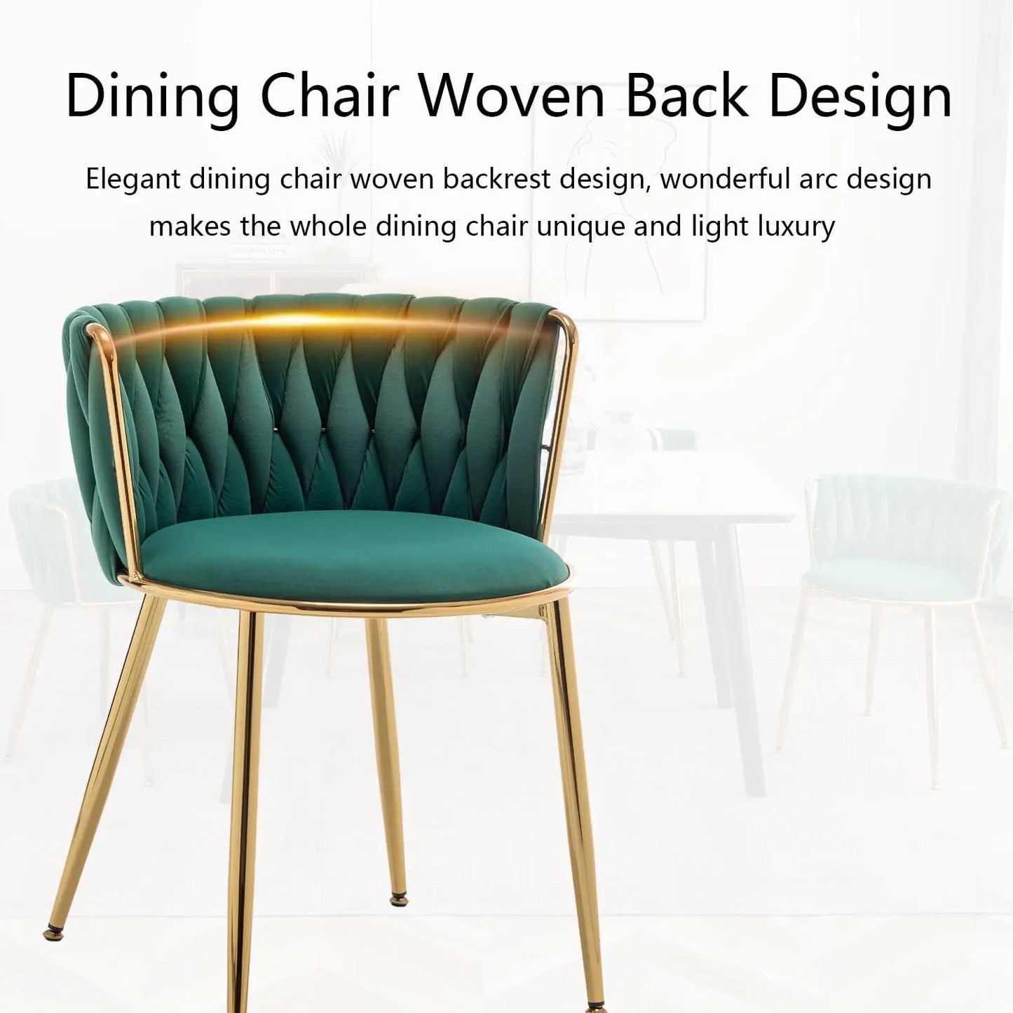 Velvet Dining Chairs Set of 2,Modern Woven Dining Chair with Metal Legs, Gold Upholstered Dining Chairs for Room, Kitchen