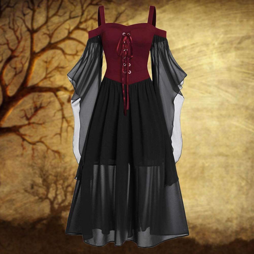 2022 Gothic Medieval Dress Cosplay Carnival Dresses Women Cold Shoulder Butterfly Sleeve Lace Up Halloween Dress Robe Femme