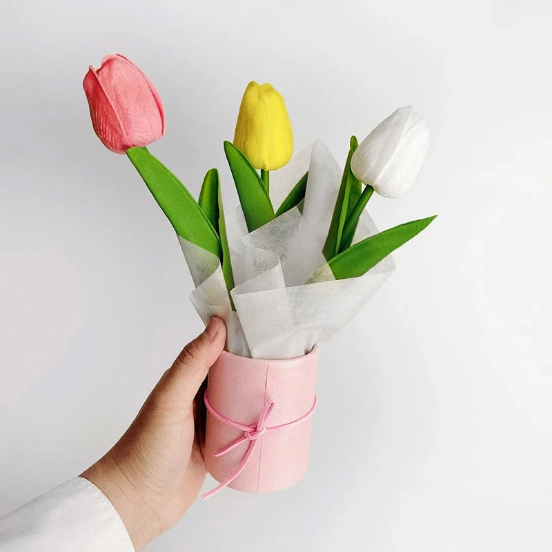 Artificial Tulip Flower Bucket Mini PU Tulip Barrel Packaged Bouquet DIY Fake Tulip Flower Birthday Gifts Car Interior Decor