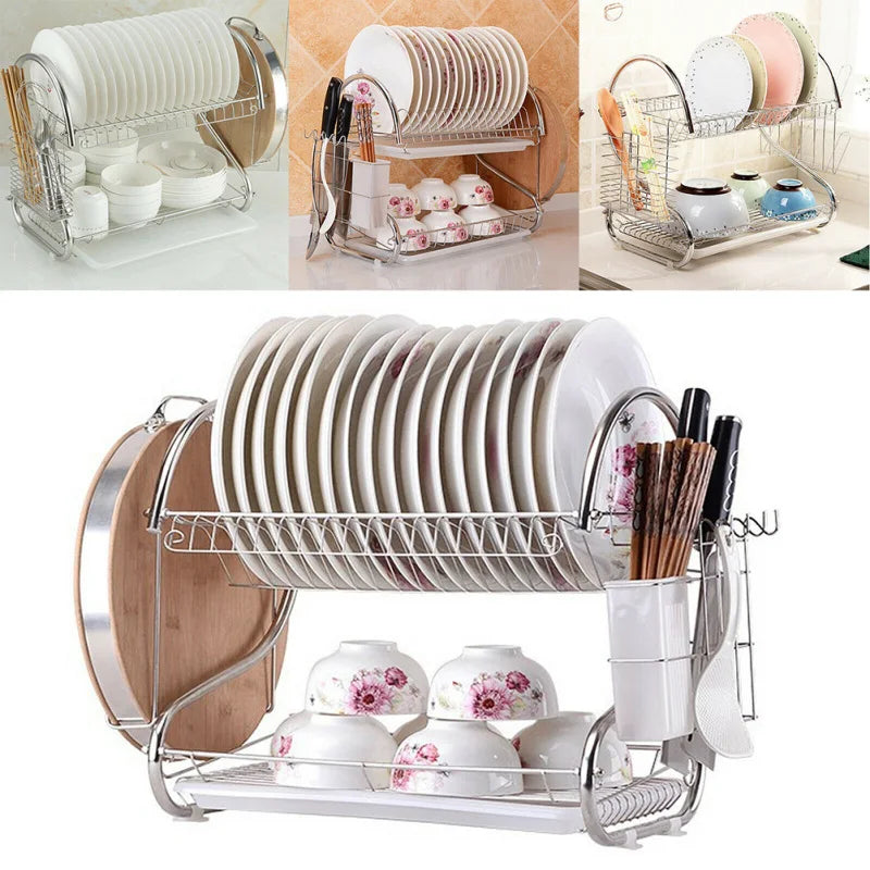 Dish Drying Rack Stainless Steel Dish Rack for Kitchen 2 Tier Rust- Proof Dish Drainer with Drying Board and Dishwasher