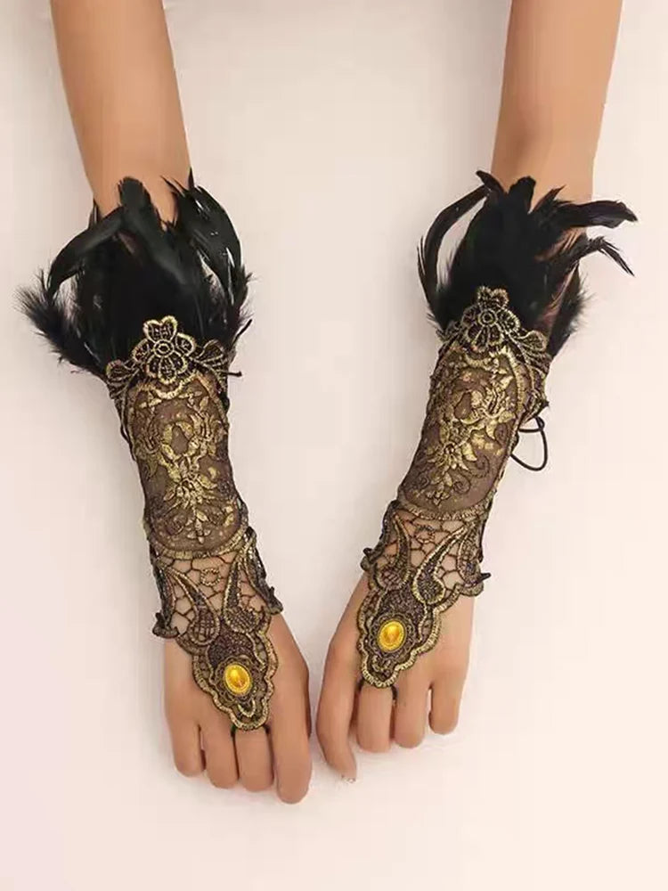 Lace Feather Gloves Holloween Long Gloves Hook Finger Embroidery Mittens Mesh Sleeve Lace Cuff Fingerless Arm Warmer