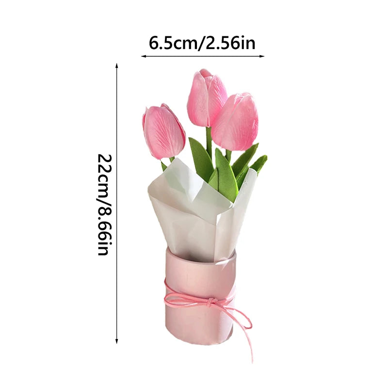 Artificial Tulip Flower Bucket Mini PU Tulip Barrel Packaged Bouquet DIY Fake Tulip Flower Birthday Gifts Car Interior Decor