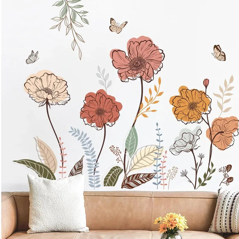 Wondever Boho Flower Wall Stickers Wildflower Floral Grass Peel and Stick Wall Art Decals For Living Room Bedroom TV Wall