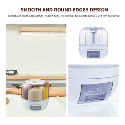 360° Rotating Food Dispenser Large-Capacity Storage Bucket Container 6-Grid Cereal Rice Sealed Tank Grain Box For Kitchen