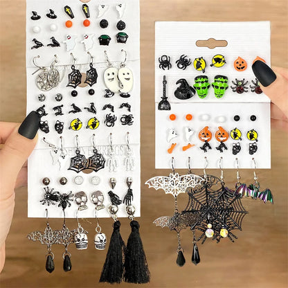 FNIO Christmas Halloween Earring Set Women Bat Pumpkin Lamp Spider Web Skeleton Ghost Cross Pendant Ear Studs Jewelry