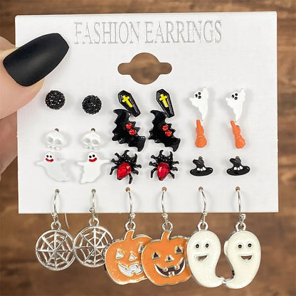 FNIO Christmas Halloween Earring Set Women Bat Pumpkin Lamp Spider Web Skeleton Ghost Cross Pendant Ear Studs Jewelry