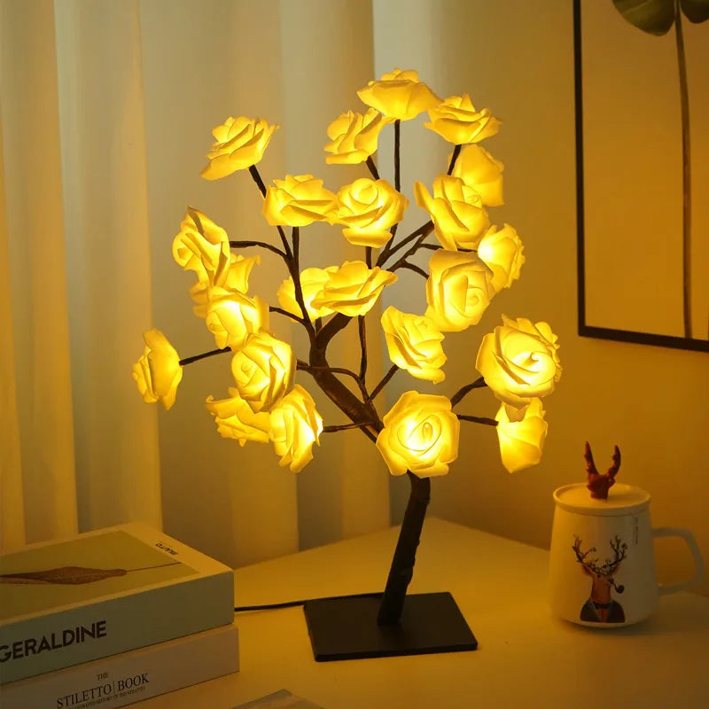 24 LED Maple Leaf Fairy Light Flower Tree Table Lamp Rose Night Light Gifts for Wedding Party Autumn Halloween Decoration