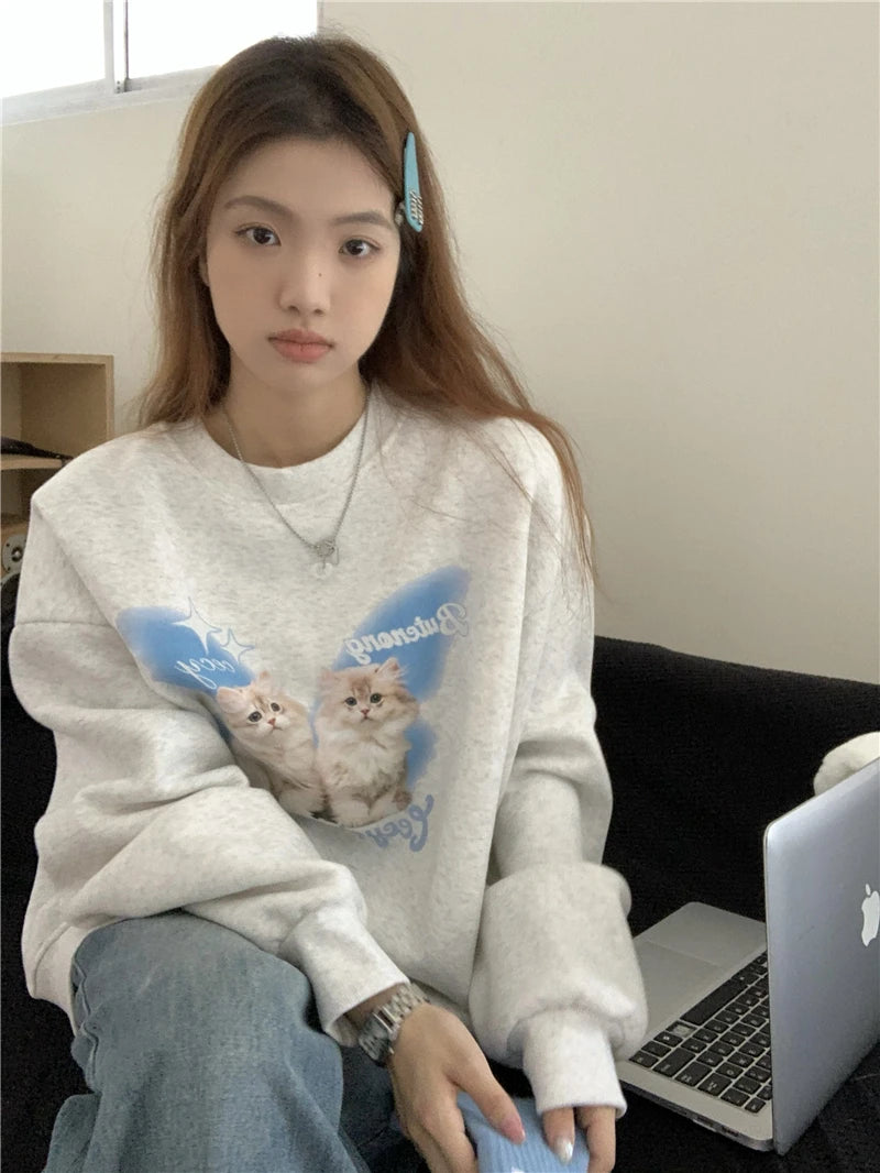 Chic Sweet O-neck Printed Hoodie Women Aesthetic Cartoon Kawaii Clothes Loose Casual Long Sleeve Y2K Top Harajuku Sweatshirts