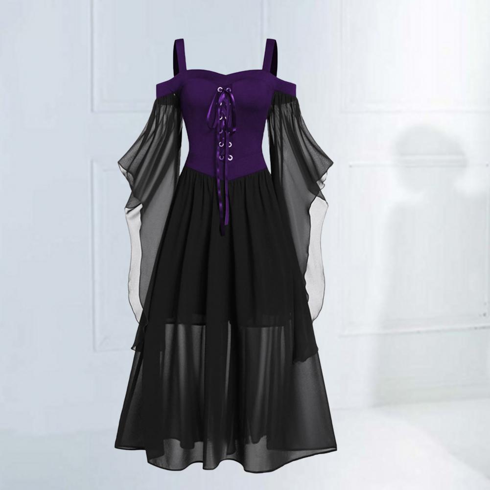 2022 Gothic Medieval Dress Cosplay Carnival Dresses Women Cold Shoulder Butterfly Sleeve Lace Up Halloween Dress Robe Femme