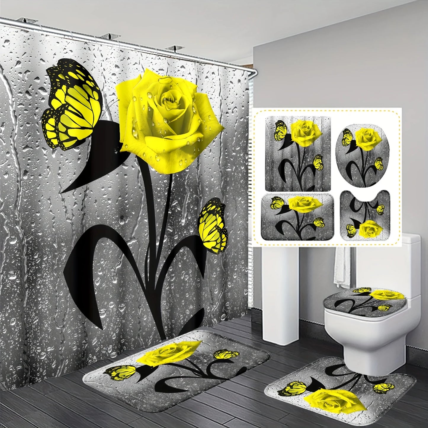 4pcs Elegant Rose Print Shower Curtain Set - Water-Resistant, Decorative Bathroom Ensemble with Non-slip Mats and  - Ideal for