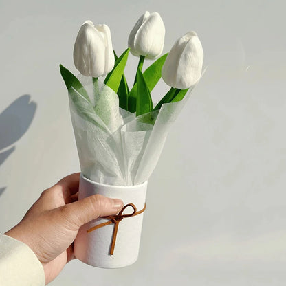 Artificial Tulip Flower Bucket Mini PU Tulip Barrel Packaged Bouquet DIY Fake Tulip Flower Birthday Gifts Car Interior Decor