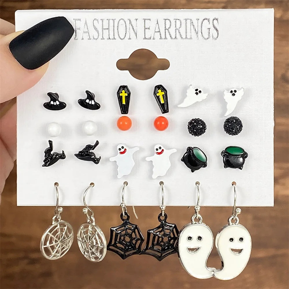 FNIO Christmas Halloween Earring Set Women Bat Pumpkin Lamp Spider Web Skeleton Ghost Cross Pendant Ear Studs Jewelry