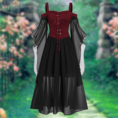 2022 Gothic Medieval Dress Cosplay Carnival Dresses Women Cold Shoulder Butterfly Sleeve Lace Up Halloween Dress Robe Femme