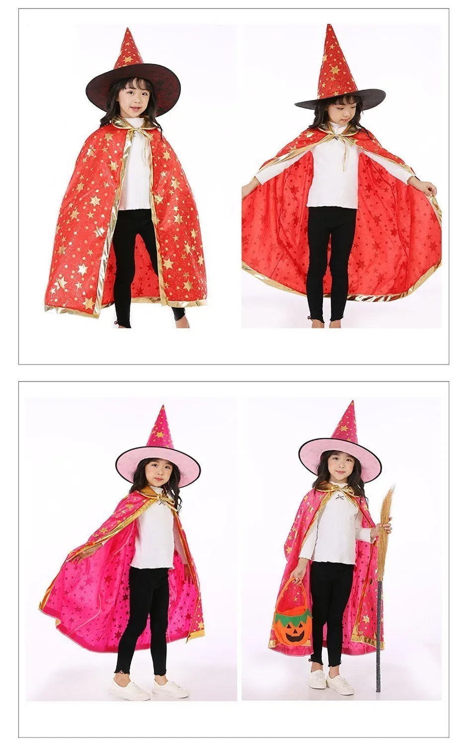 Kids Costume Teens Sparkly Halloween Cloak with Witch Hat Children Outfit Boy Girl Birthday Dress Up Long Party Photography Prop