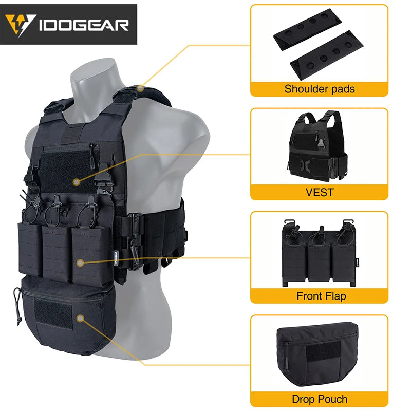 IDOGEAR Tactical FCSK 3.0EX Plate Carrier MOLLE Vest  with Triple Magazine Pouch For 5.56mm Drop Pouch Shoulder Pads