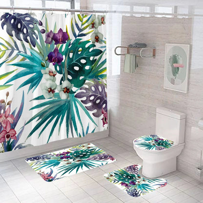 Elegant Leaves Flowers Printed Shower Curtain with Hooks High Quality Waterproof Bathroom Curtains Bath Mat Set Home Decoration