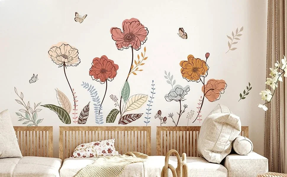 Wondever Boho Flower Wall Stickers Wildflower Floral Grass Peel and Stick Wall Art Decals For Living Room Bedroom TV Wall