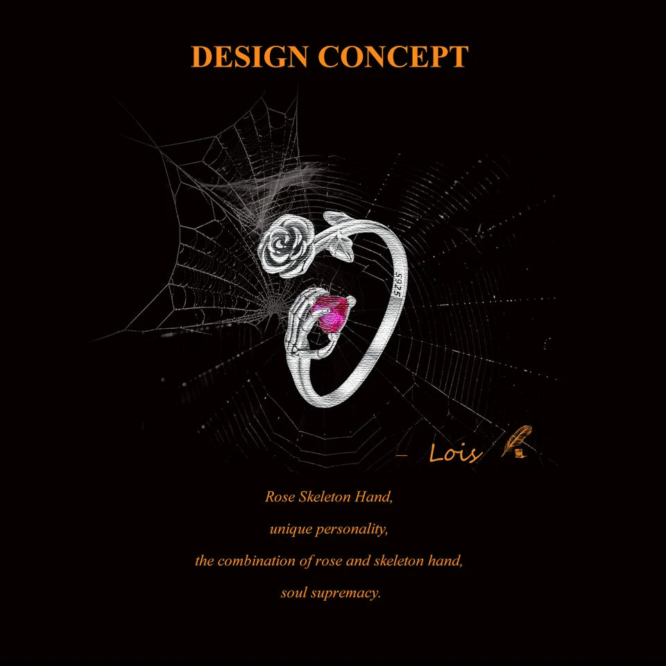 BAMOER Genuine 925 Sterling Silver Rose Skeleton Hand  Open Ring for Women Halloween Silver Finger Ring Fine Jewelry Party Gift