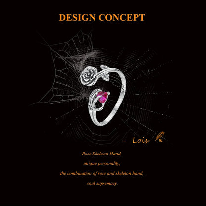 BAMOER Genuine 925 Sterling Silver Rose Skeleton Hand  Open Ring for Women Halloween Silver Finger Ring Fine Jewelry Party Gift