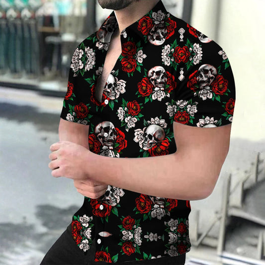 2023 News Hawaiian Horror Skull Men's Shirt Floral 3D Print Lapel Single Button Fashion Casual Beach Top Passionate And Spicy