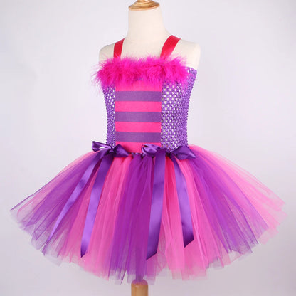 Cheshire Cat Tutu Dress Girls Halloween Carnival Party Clothes Wonderland Alice Cat Costume Kids Fancy Fairy Tale Princess Dress