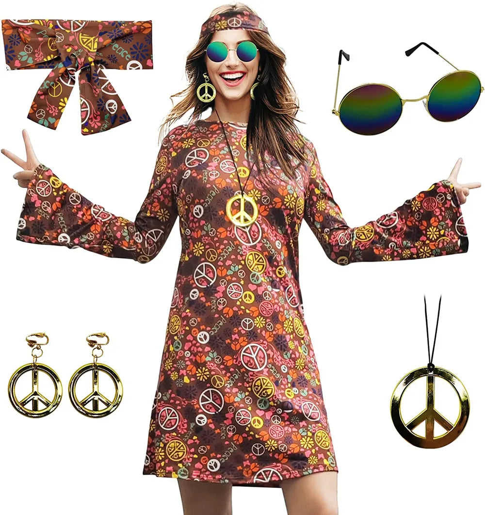 5pcs Set 60s 70s Women Hippie Costume Accessories Hippie Disco Dress , Halloween Boho Flared Hippie Dress