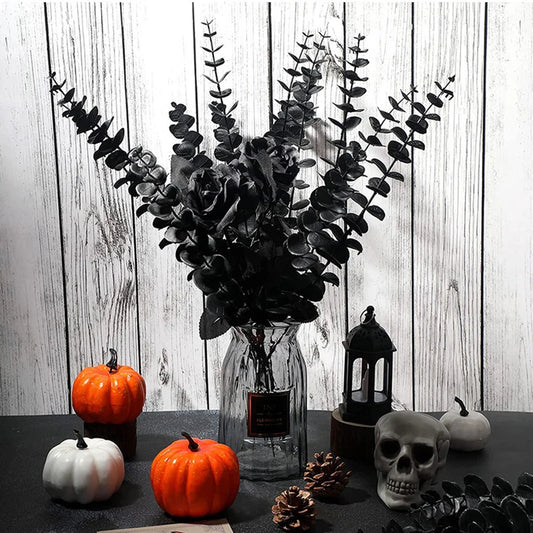 10pcs Eucalyptus Stems Decor Black Artificial Eucalyptus Leaves for Halloween Party Home Office Bouquet Wedding DIY Decoration