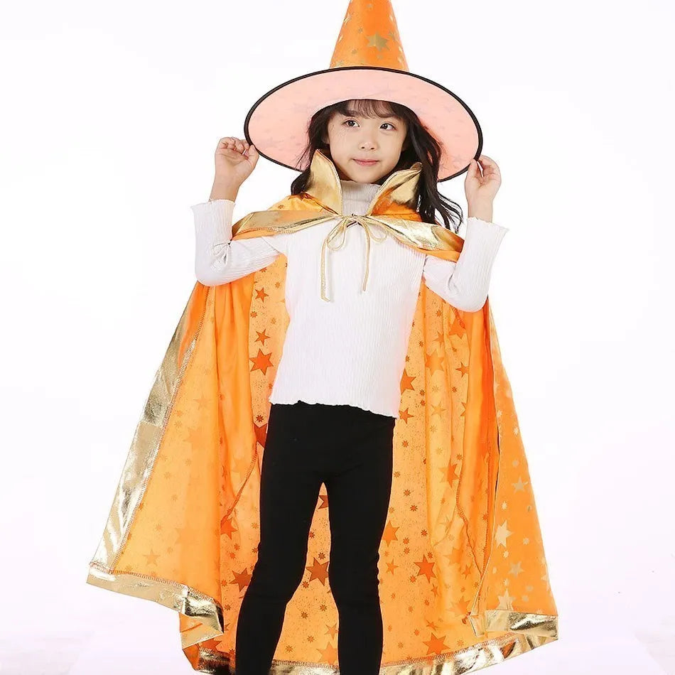 Kids Costume Teens Sparkly Halloween Cloak with Witch Hat Children Outfit Boy Girl Birthday Dress Up Long Party Photography Prop