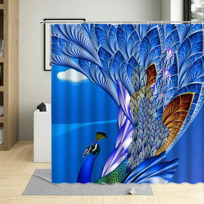 Golden Peacocks Printed Bathroom Set Shower Curtain Waterproof Dream Animal Elegant Bath Screen For Art Decor Curtains With Hook