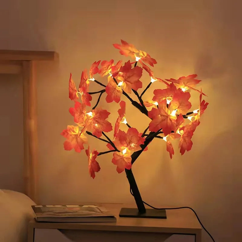 24 LED Maple Leaf Fairy Light Flower Tree Table Lamp Rose Night Light Gifts for Wedding Party Autumn Halloween Decoration