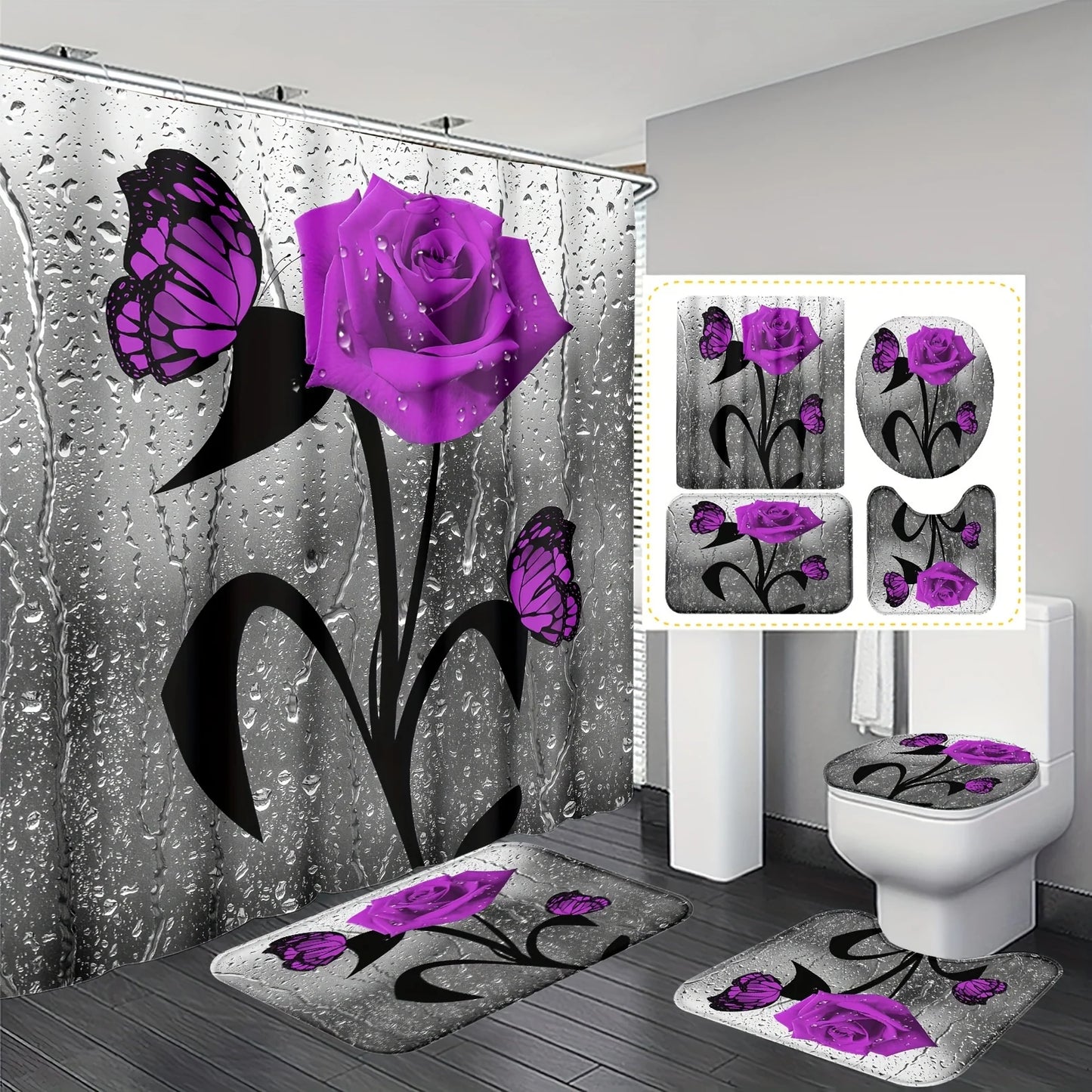 4pcs Elegant Rose Print Shower Curtain Set - Water-Resistant, Decorative Bathroom Ensemble with Non-slip Mats and  - Ideal for