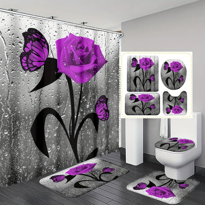 4pcs Elegant Rose Print Shower Curtain Set - Water-Resistant, Decorative Bathroom Ensemble with Non-slip Mats and  - Ideal for