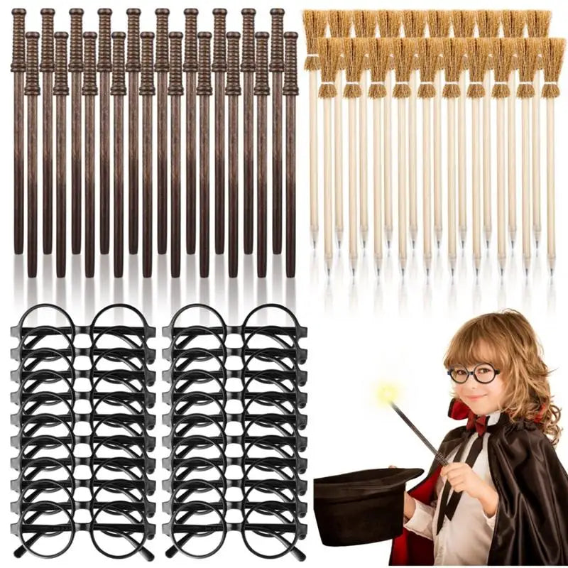 Wizard Party Supplies 40Pcs Wand Pencils Witch Broom Pencils And 20 Pairs Glasses Wizard Pencils And Glasses For Halloween Party