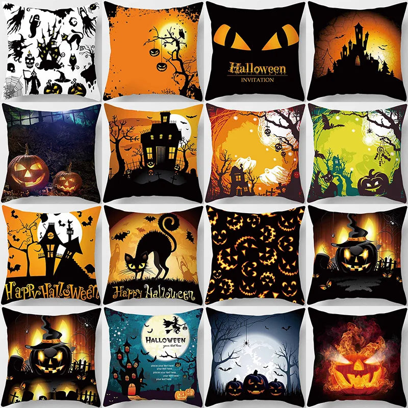 Hot Sale Happy Holloween  Pumpkin Cats Bat Pillow Cases Short Plush High Quality Square Thick Pillow Case Covers