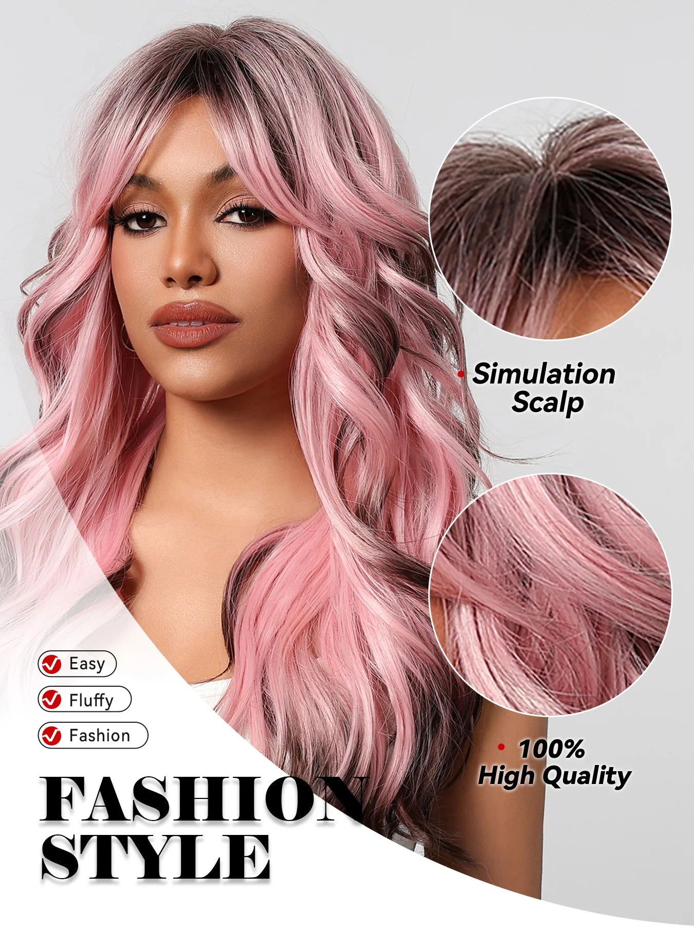 Black Pink Ombre Synthetic Wigs Long Body Wave Colored Wigs with Bangs Loose Wave Wig for Afro Women Brazilian Halloween Cosplay