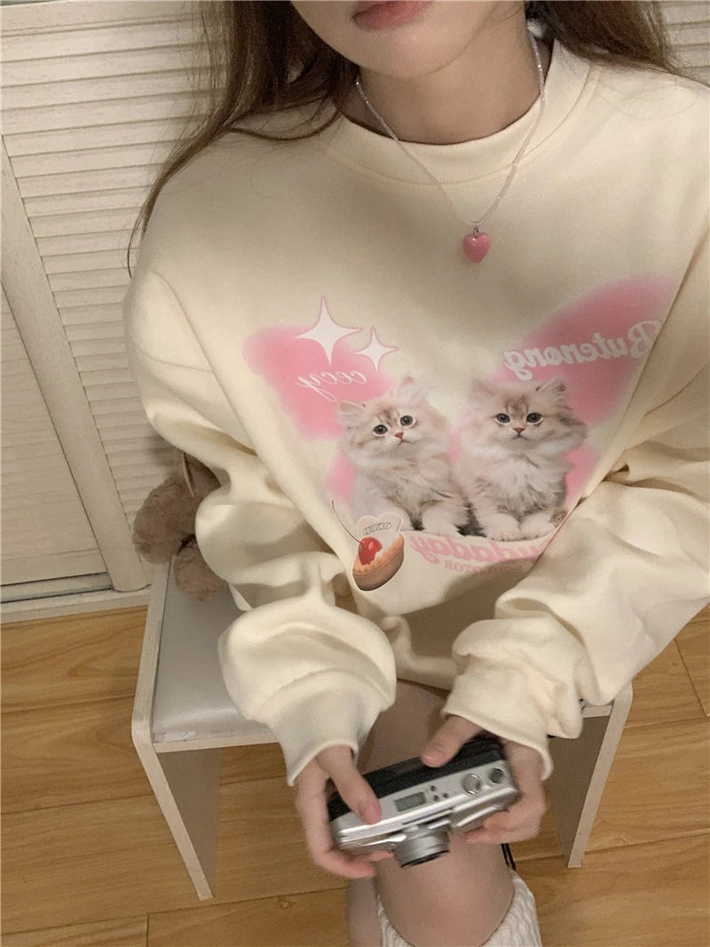 Chic Sweet O-neck Printed Hoodie Women Aesthetic Cartoon Kawaii Clothes Loose Casual Long Sleeve Y2K Top Harajuku Sweatshirts