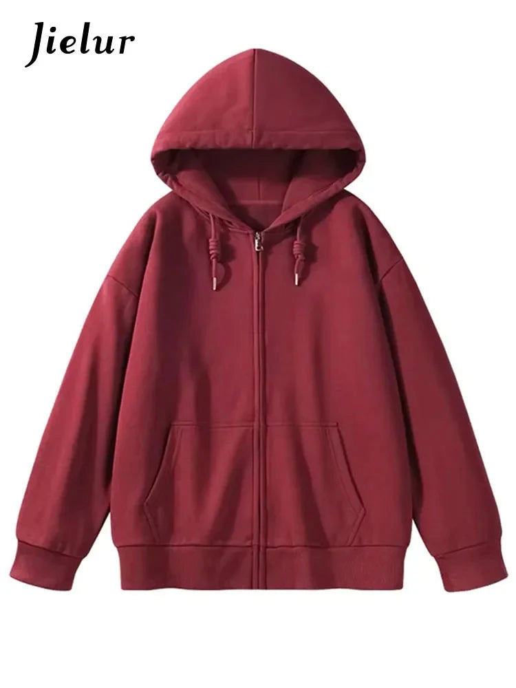 Jielur Solid Color Casual Drawstring Women's Hoodies Pockets Zip-up Simple O-neck Basic Streetwear Fashion Simple Office Ladies