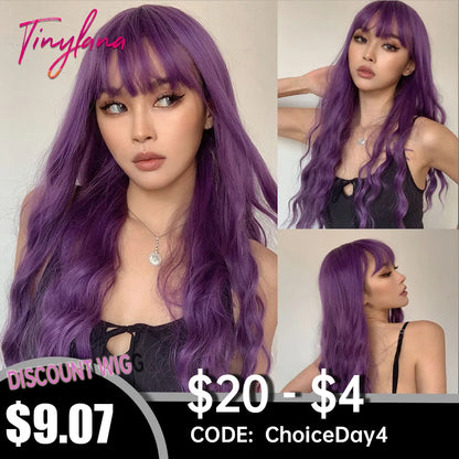 Long Purple Synthetic Body Wavy Wig with Bangs for Black Women Cosplay Party Christmas Halloween Wigs Daily Natural Hair