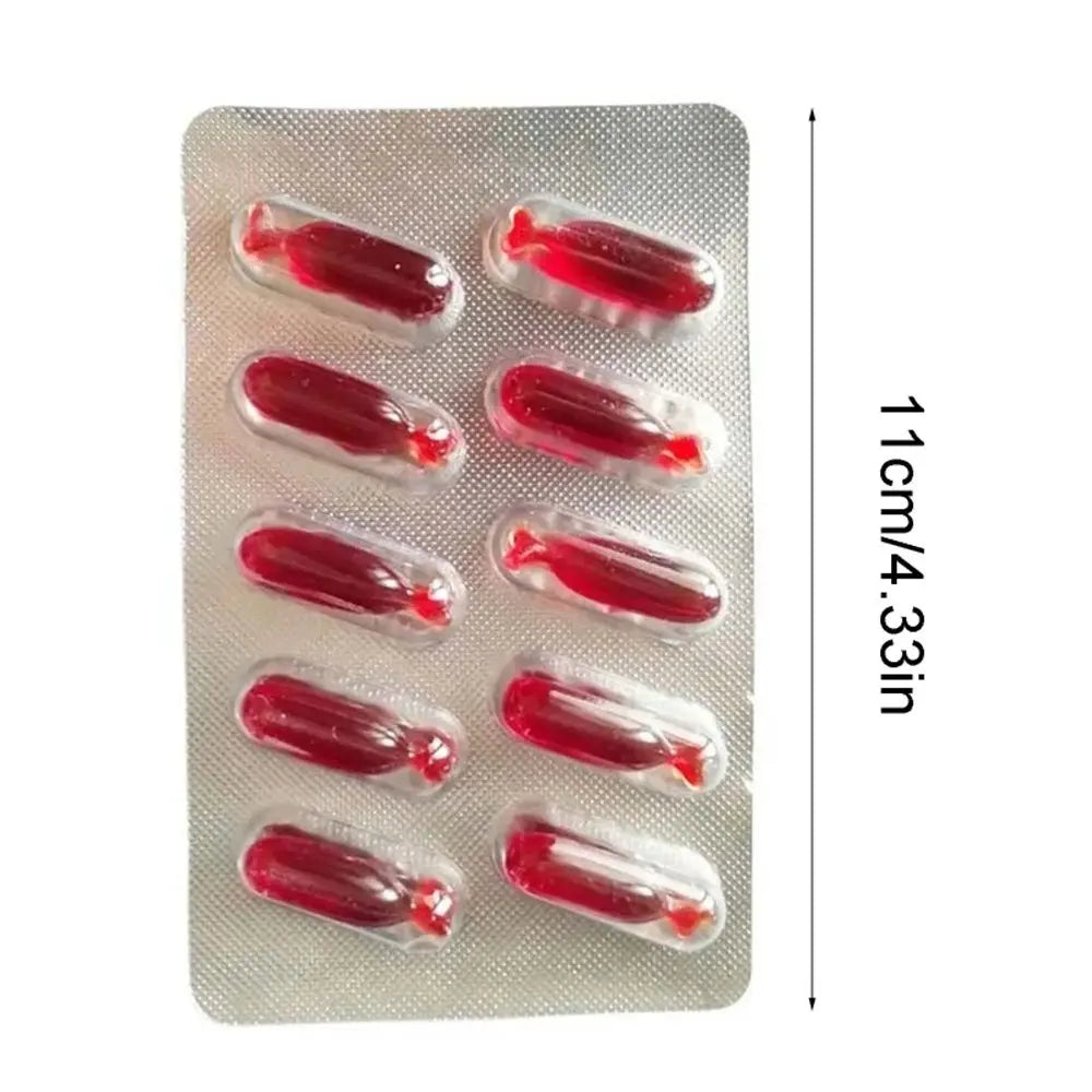 10Pcs Realistic Fake Blood Pills Prank Toy Hematemesis Capsules Halloween April Fools Day Party Props Funny Scary Vampire Supply