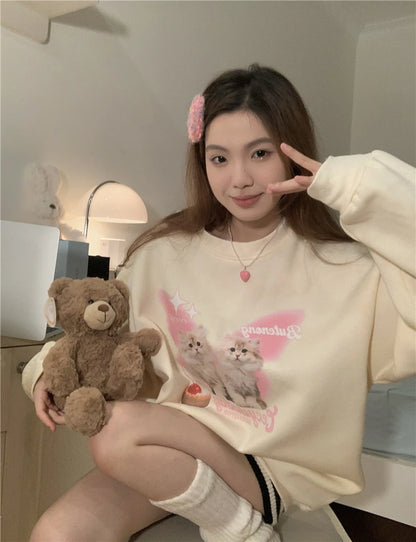 Chic Sweet O-neck Printed Hoodie Women Aesthetic Cartoon Kawaii Clothes Loose Casual Long Sleeve Y2K Top Harajuku Sweatshirts