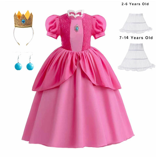 Princess Peach Chiffon Lace Girls Cosplay Dress Baby Kids Vestidos Party Dresses Carnival Halloween Costume for 3-11 years