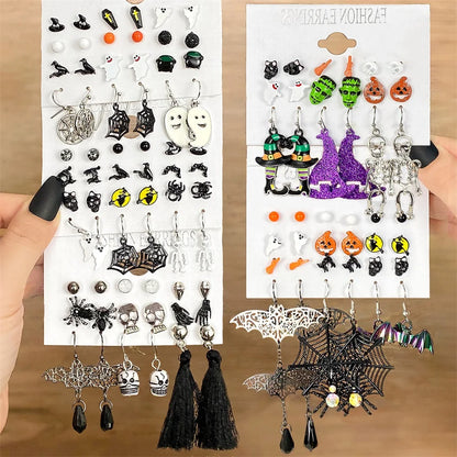 FNIO Christmas Halloween Earring Set Women Bat Pumpkin Lamp Spider Web Skeleton Ghost Cross Pendant Ear Studs Jewelry