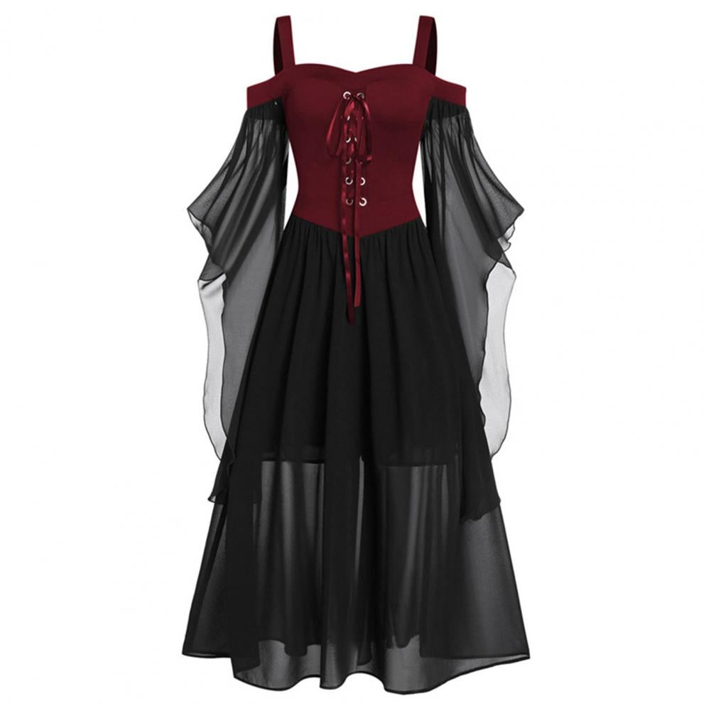 2022 Gothic Medieval Dress Cosplay Carnival Dresses Women Cold Shoulder Butterfly Sleeve Lace Up Halloween Dress Robe Femme