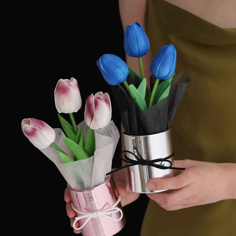 Artificial Tulip Flower Bucket Mini PU Tulip Barrel Packaged Bouquet DIY Fake Tulip Flower Birthday Gifts Car Interior Decor