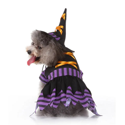 Cute Dog Purple Dress For Small Dogs 2pc Dropshipping Pet Cosplay Stripes With Hat Cat Clothes Holloween Costume Witch Gown